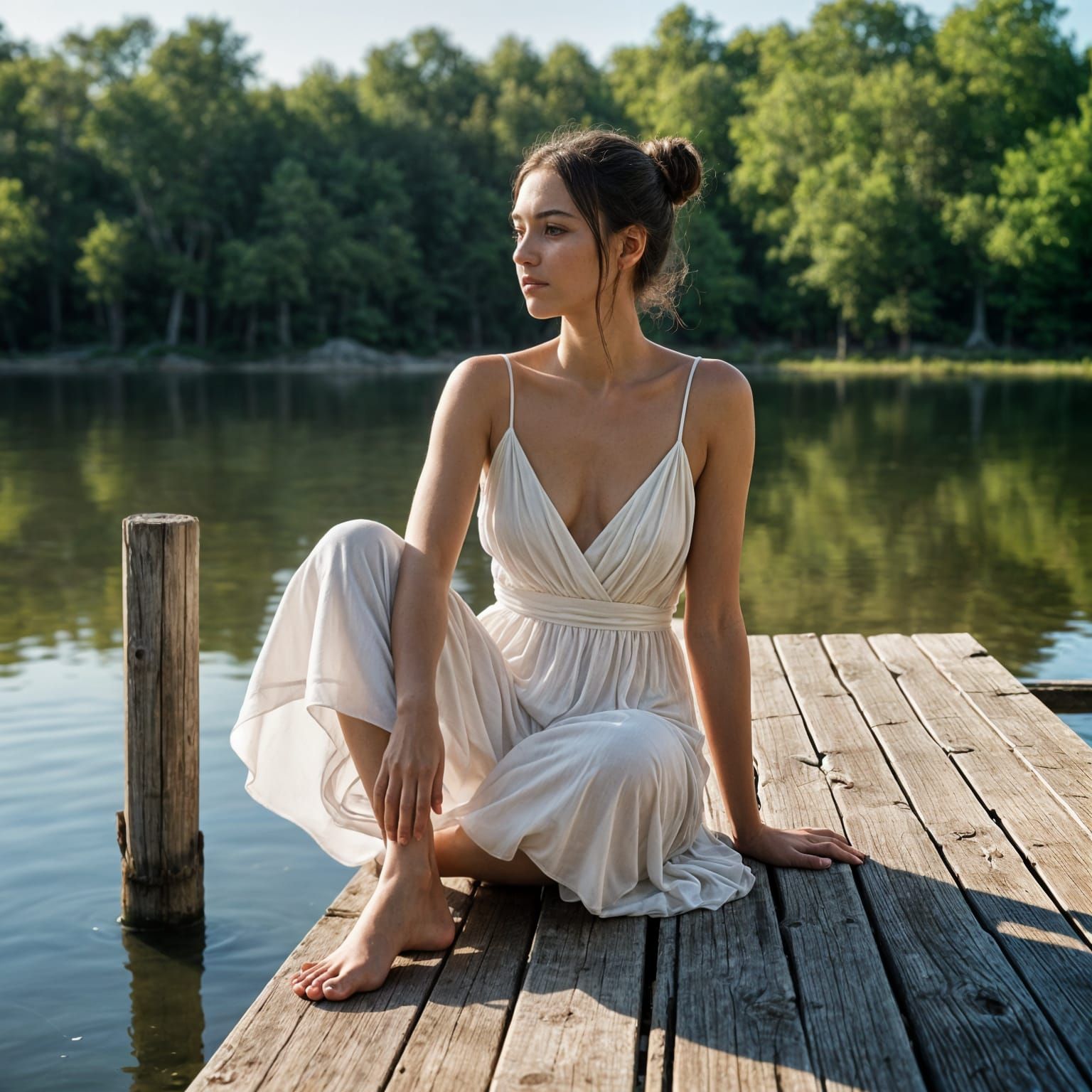 Serene Lake Scene with Barefoot Woman