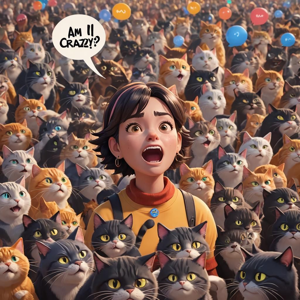 Anime Woman Questioning Sanity Amidst Angry Cats