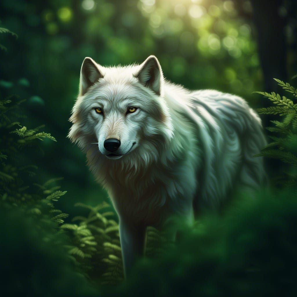White Wolf in Greenery: Cinematic Charcoal Drawing