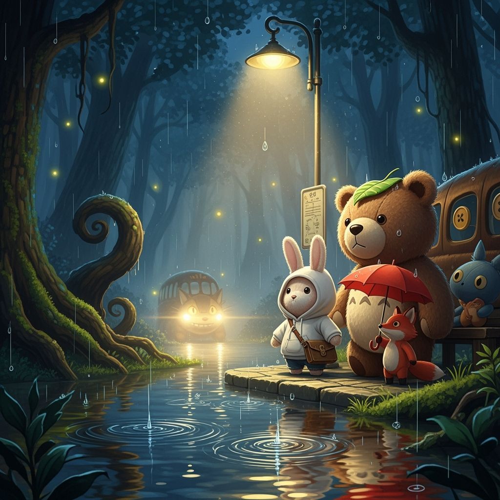 Stuffed Animals Await Catbus in Rainy Forest