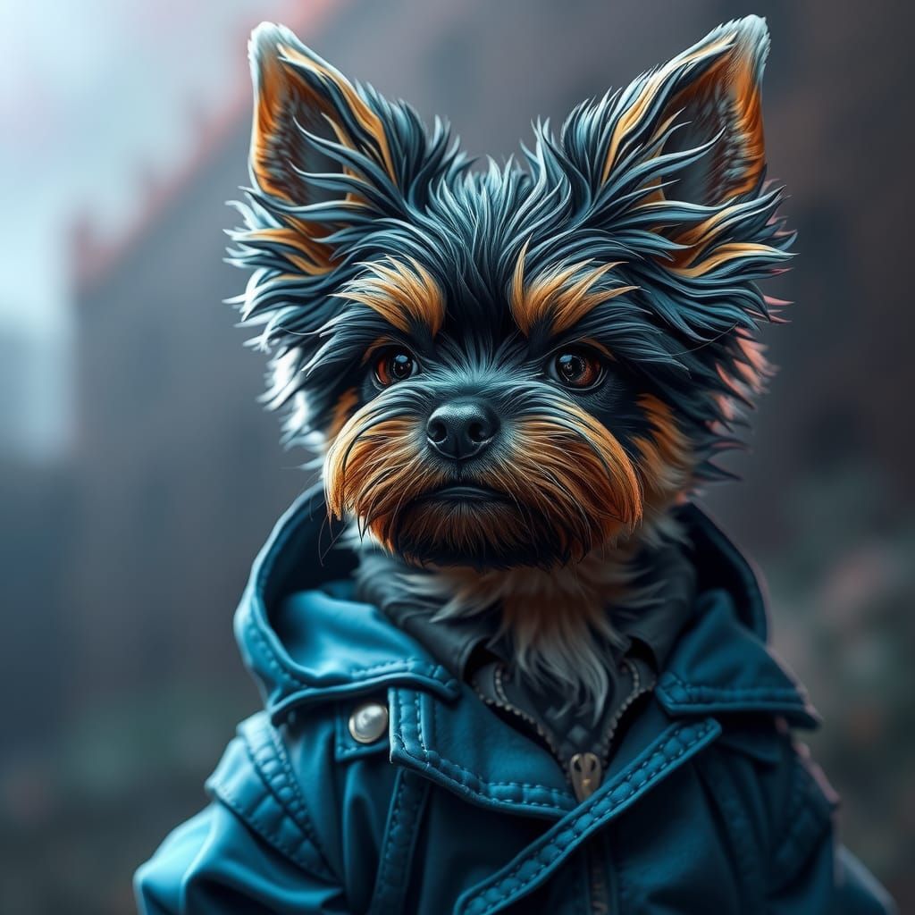Affenpinscher Dog in Blue Raincoat: Detailed Matte Painting