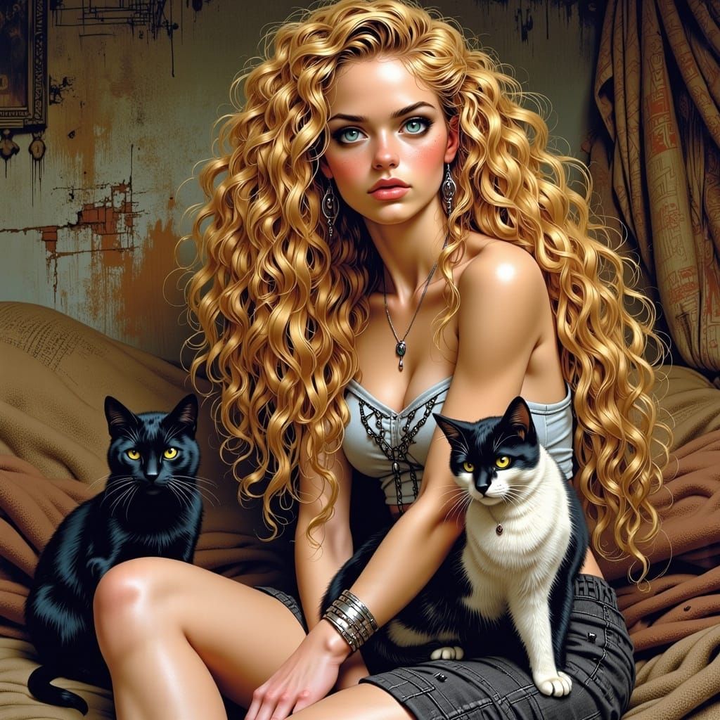 Golden Haired Woman with Cats in Comic Book Art