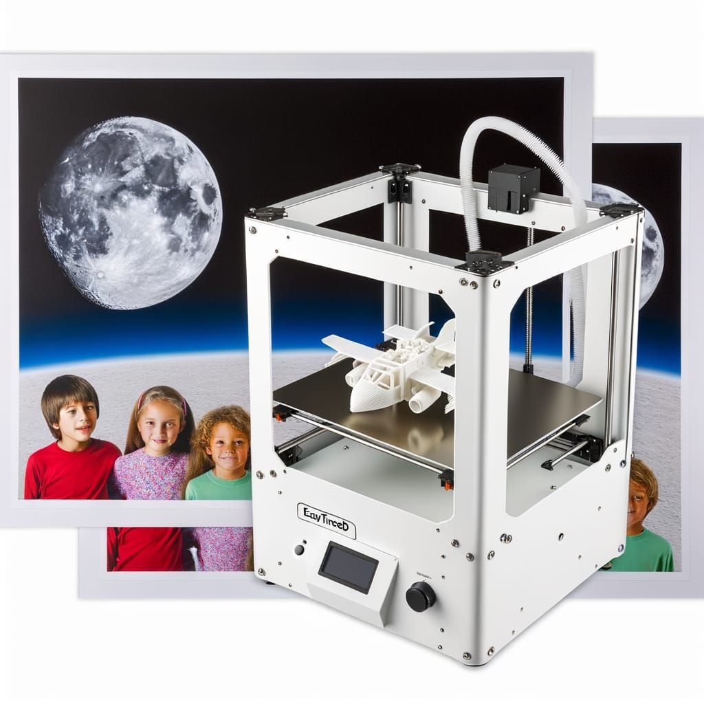 White 3D Printer with Spaceship Model and Children