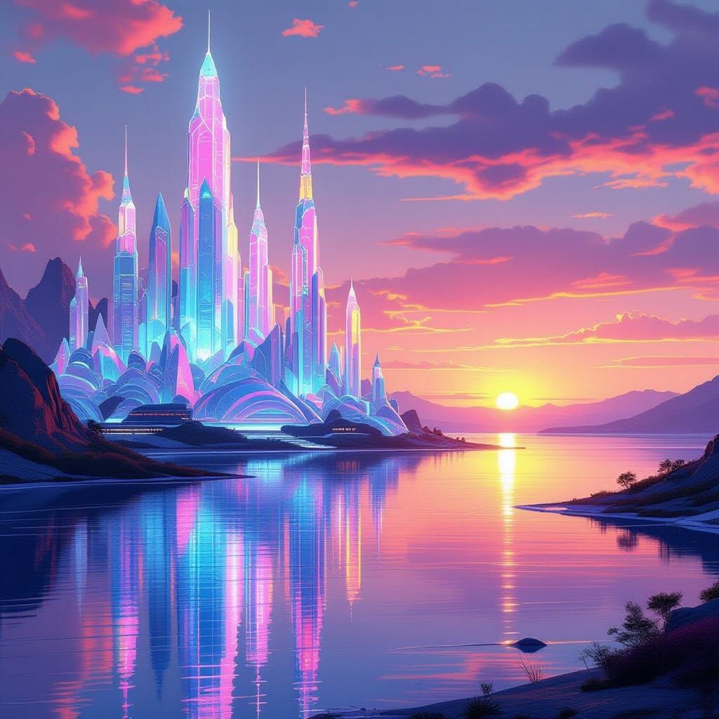 Iridescent Alien City at Sunset