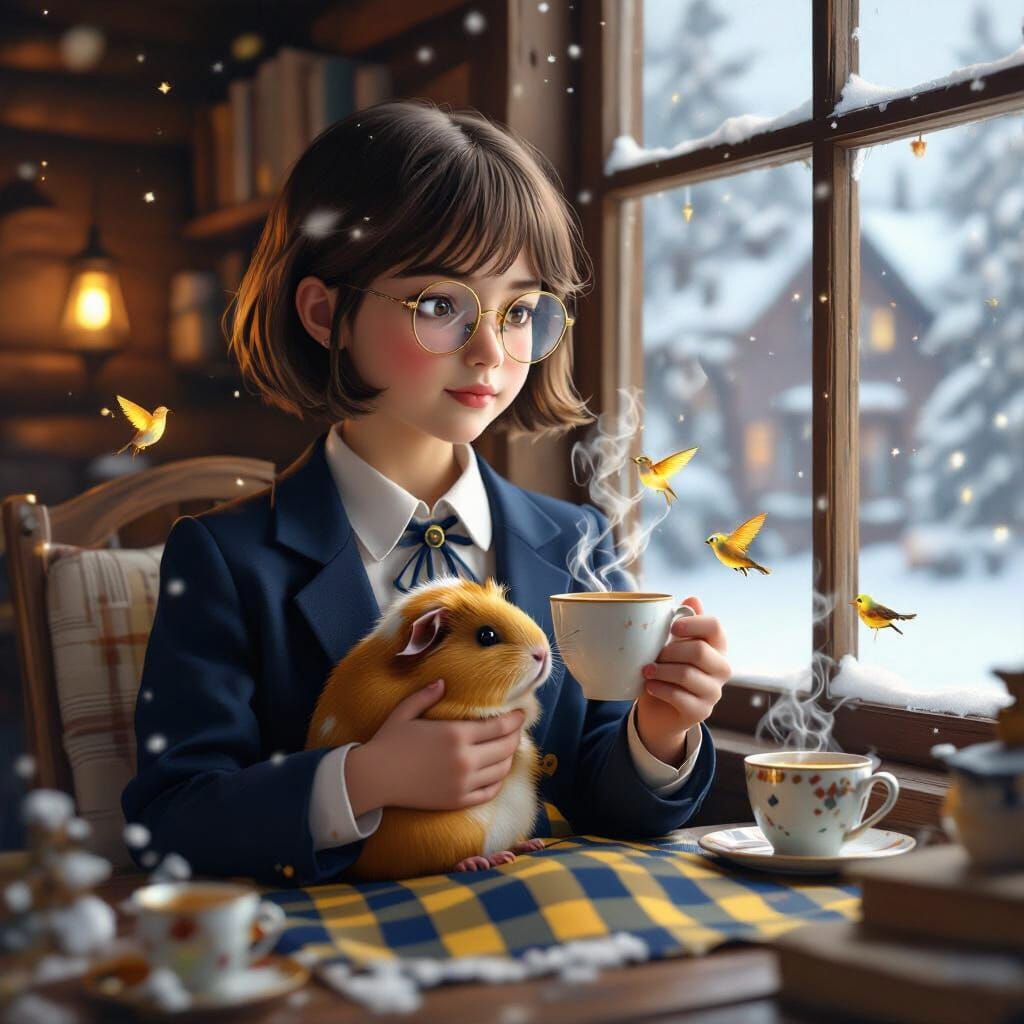 Girl With Guinea Pig and Tea in Rustic House
