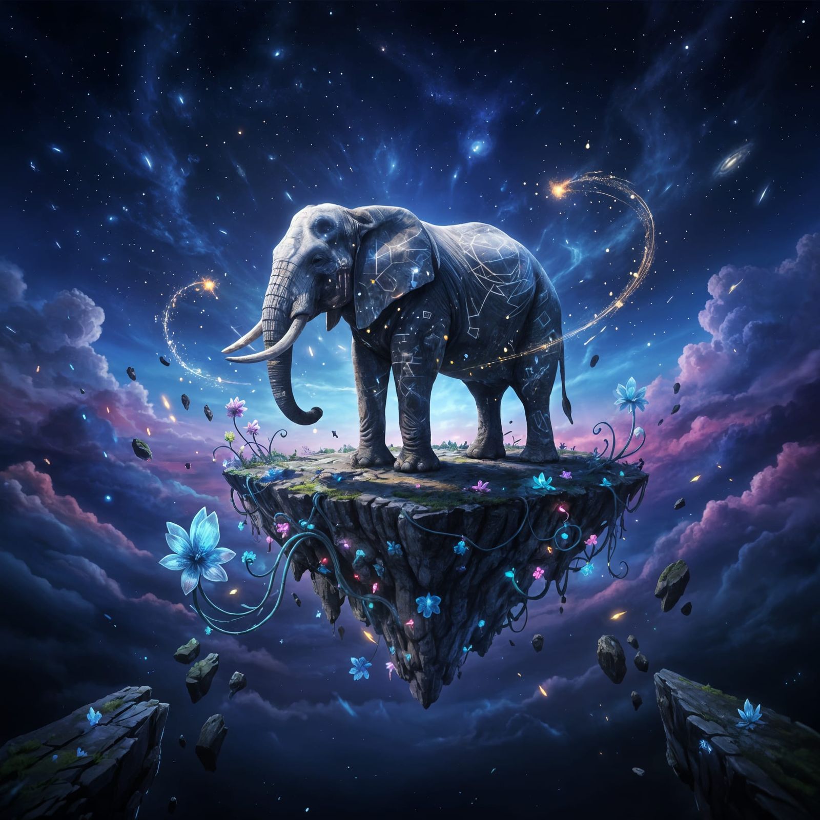 Surreal Elephant on Nebula Island with Bioluminescent Flora