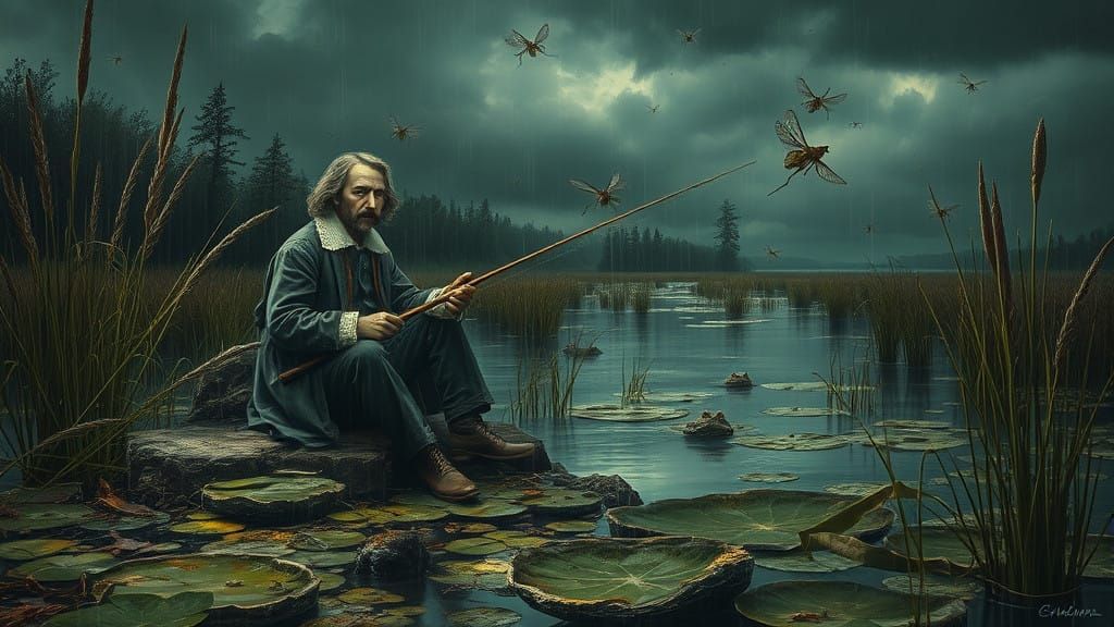 Surreal Swamp Scene with Shakespeare and Sherlock Holmes Fis...