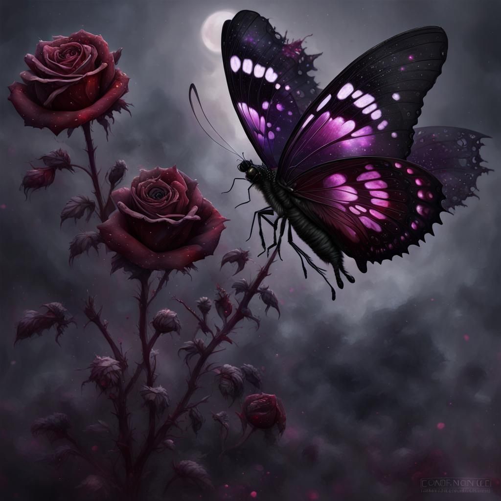 Zombie Butterfly on Dark Rose in Hyperrealistic Style