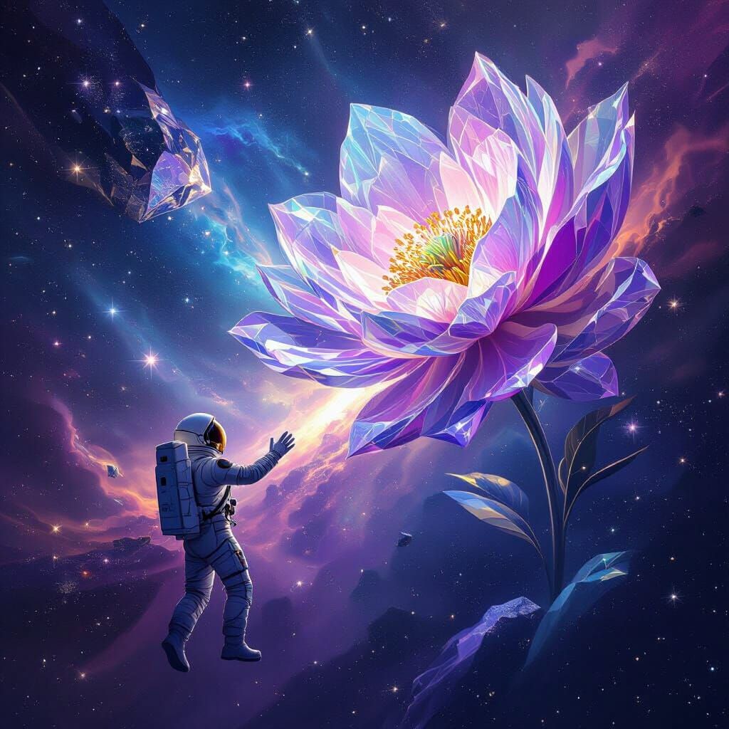 Astronaut Reaches for Crystal Flower in Nebula