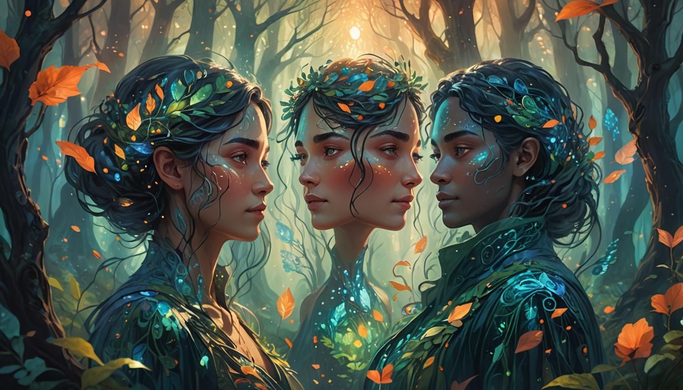 Two-Faced Person in Mystical Forest Concept Art