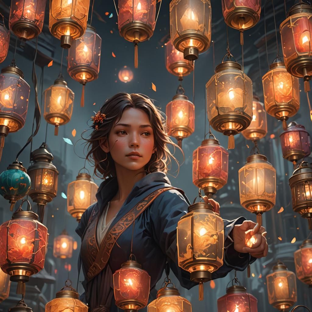 Detailed Portrait with Floating Lanterns