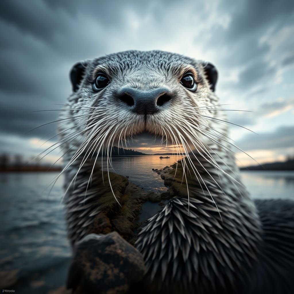 Double exposure close up portrait painting of a Otter with t...