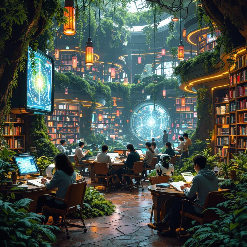 Bioluminescent Library in Mossy Woods: Futuristic Learning H...