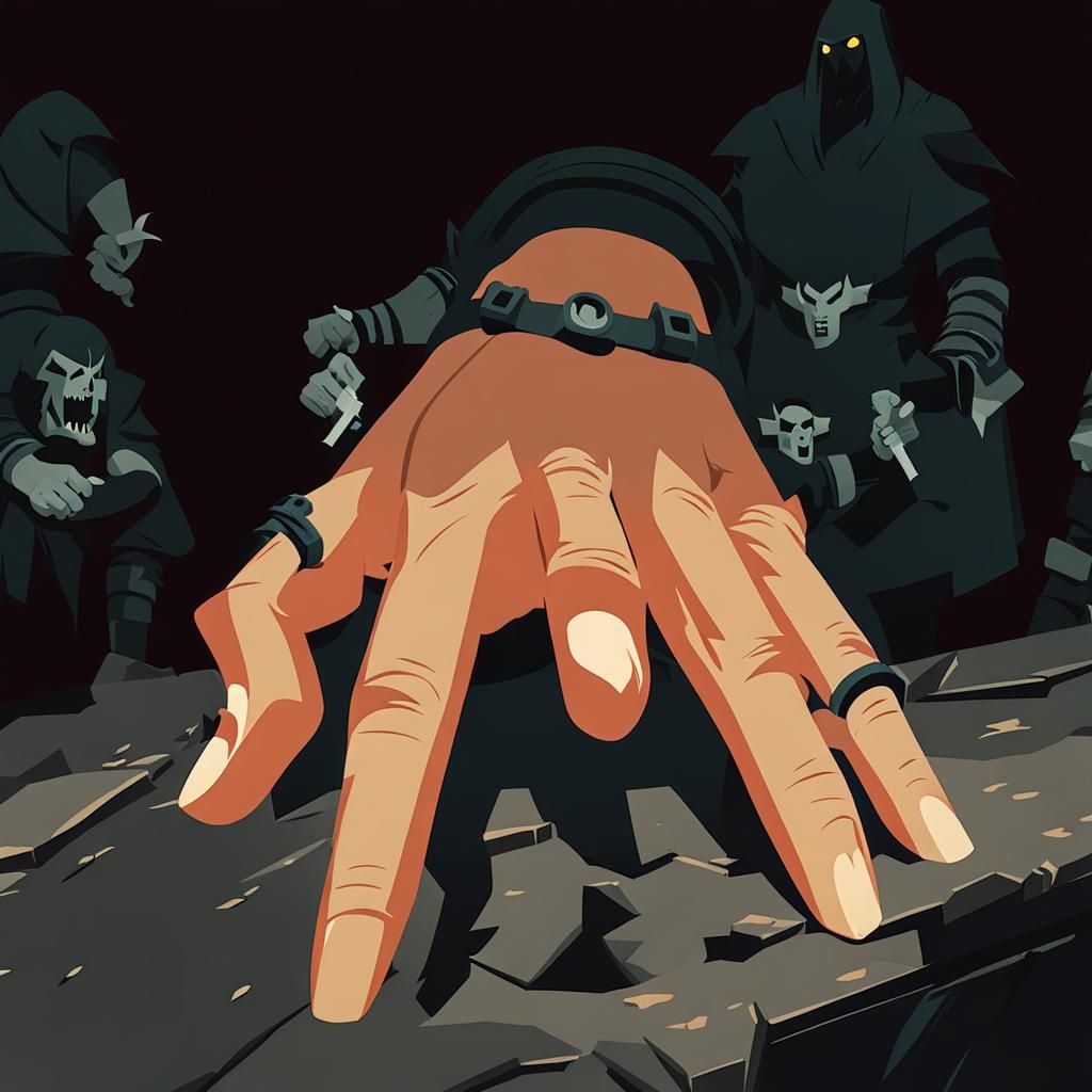 Reanimated Hand Attacks Adventurers in Dark Dungeon