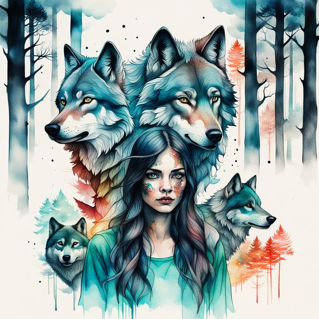 Double Exposure: Woman and Wolves in Ink