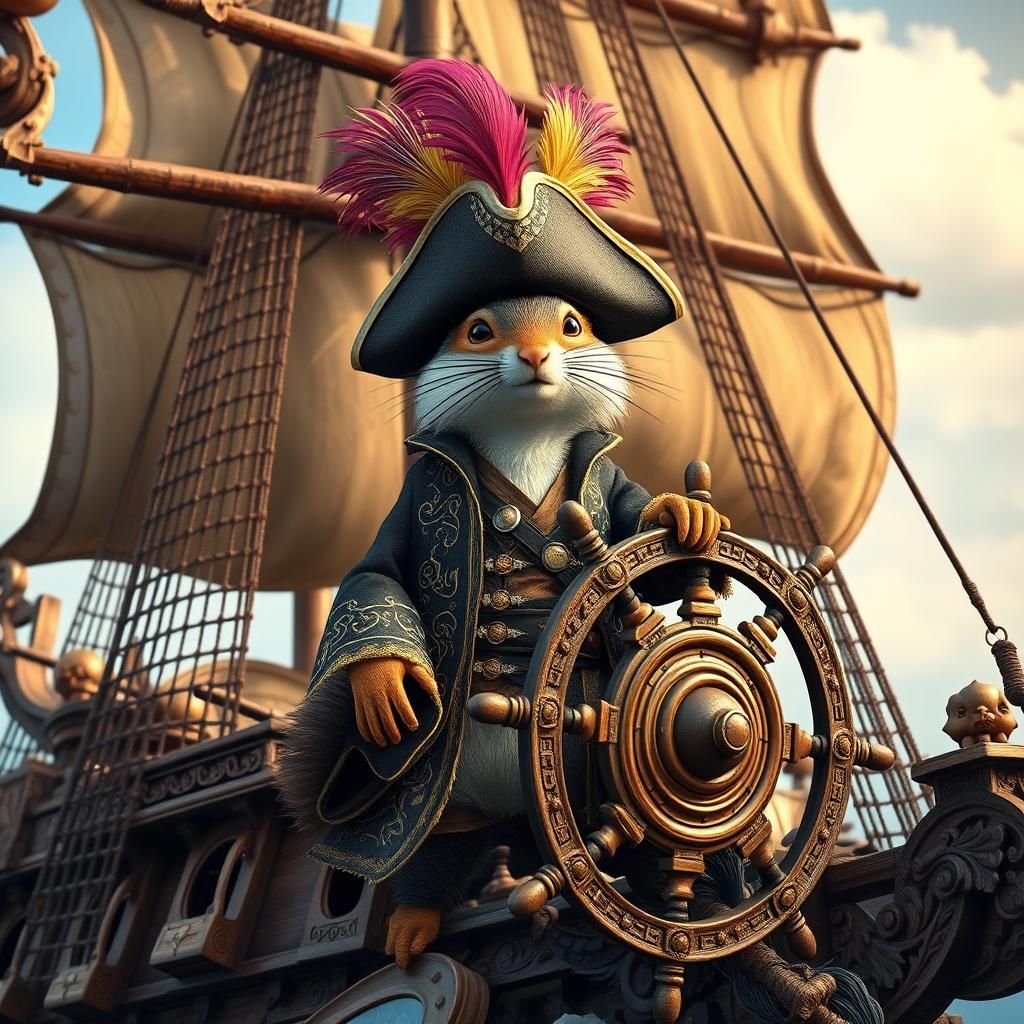 Squirrel Pirate Commands Galleon in Fantasy Woodcut Art