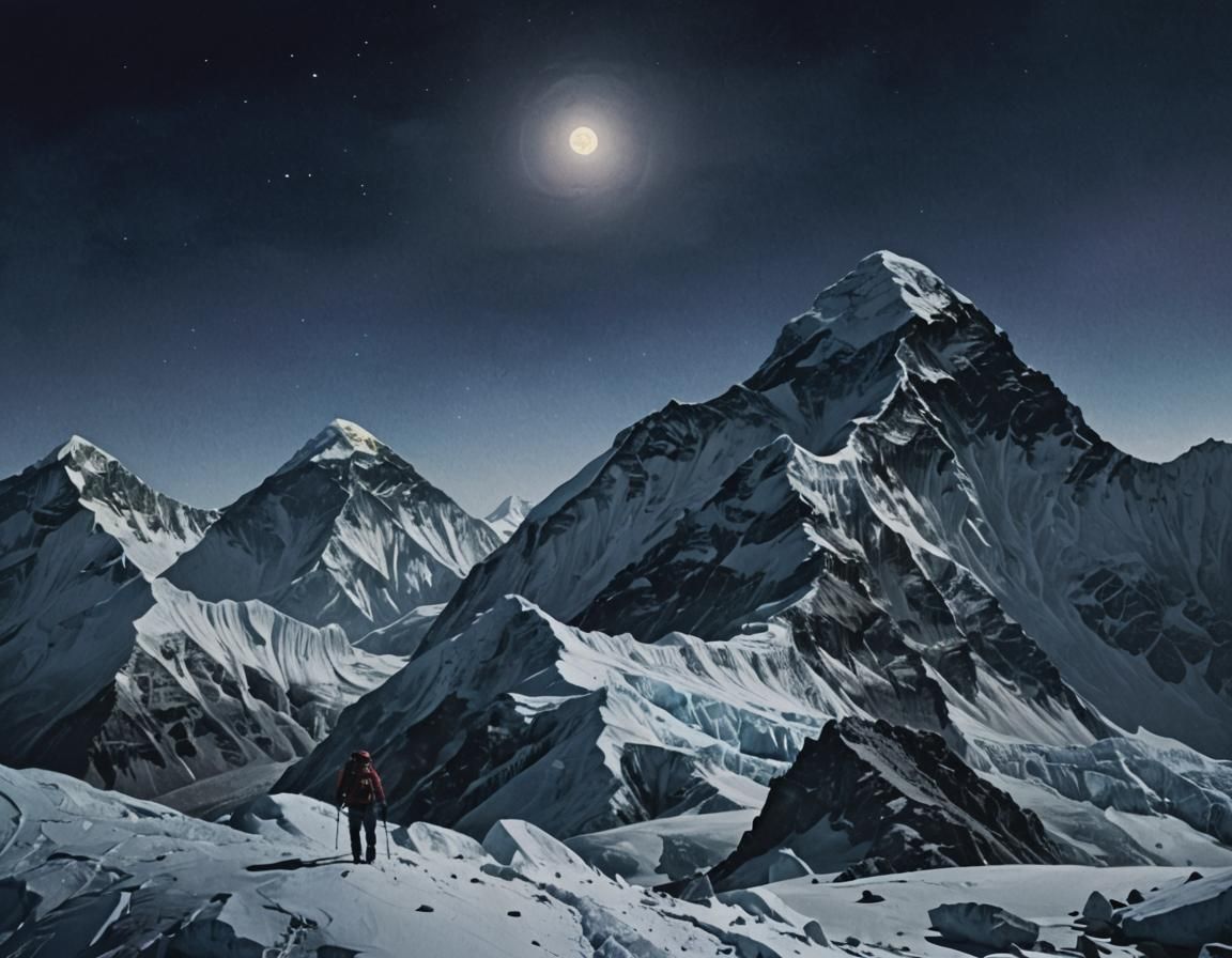 Everest Climber Under Moonlight in Watercolor Style