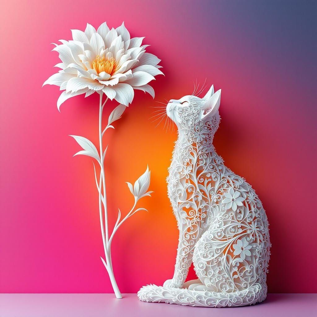 Adorable Cat Under Flower in Papercraft Style