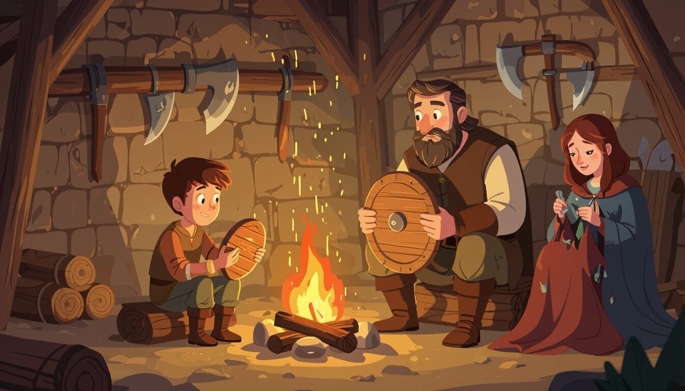 Father Teaches Son Shield Grip by Firelight