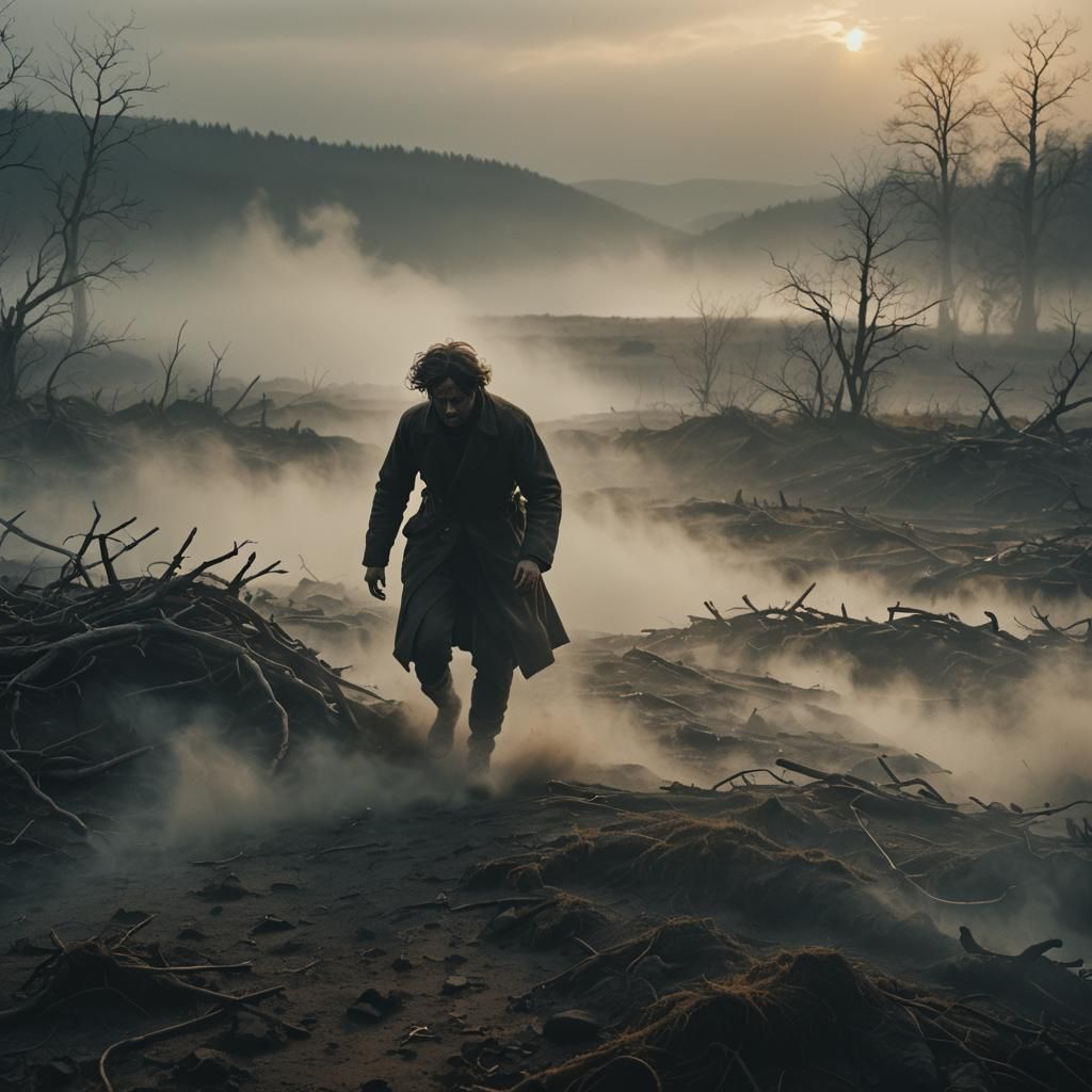 Dramatic Figure in Misty Landscape: Cinematic Still