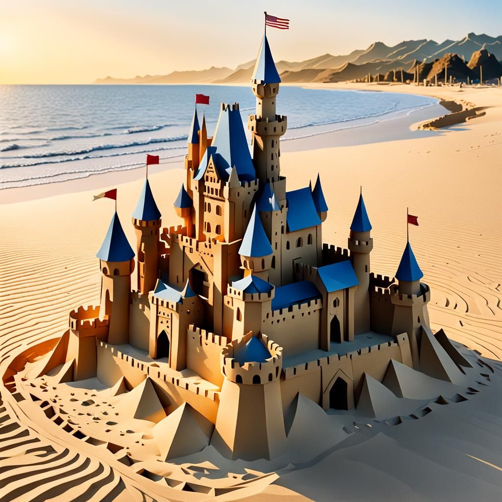 Intricate Kirigami Sandcastle at Sunset in 8K