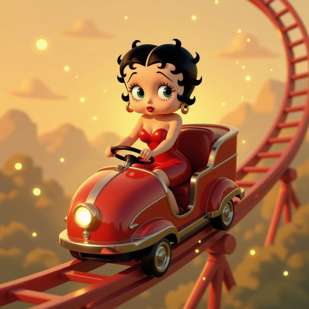 Betty Boop Rides a Vintage Rollercoaster in Sepia Tone