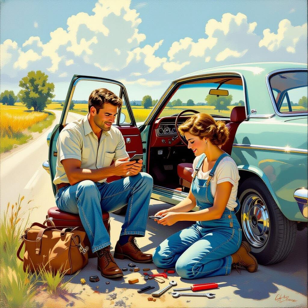 Couple's Flat Tyre Adventure in Oil Painting Style