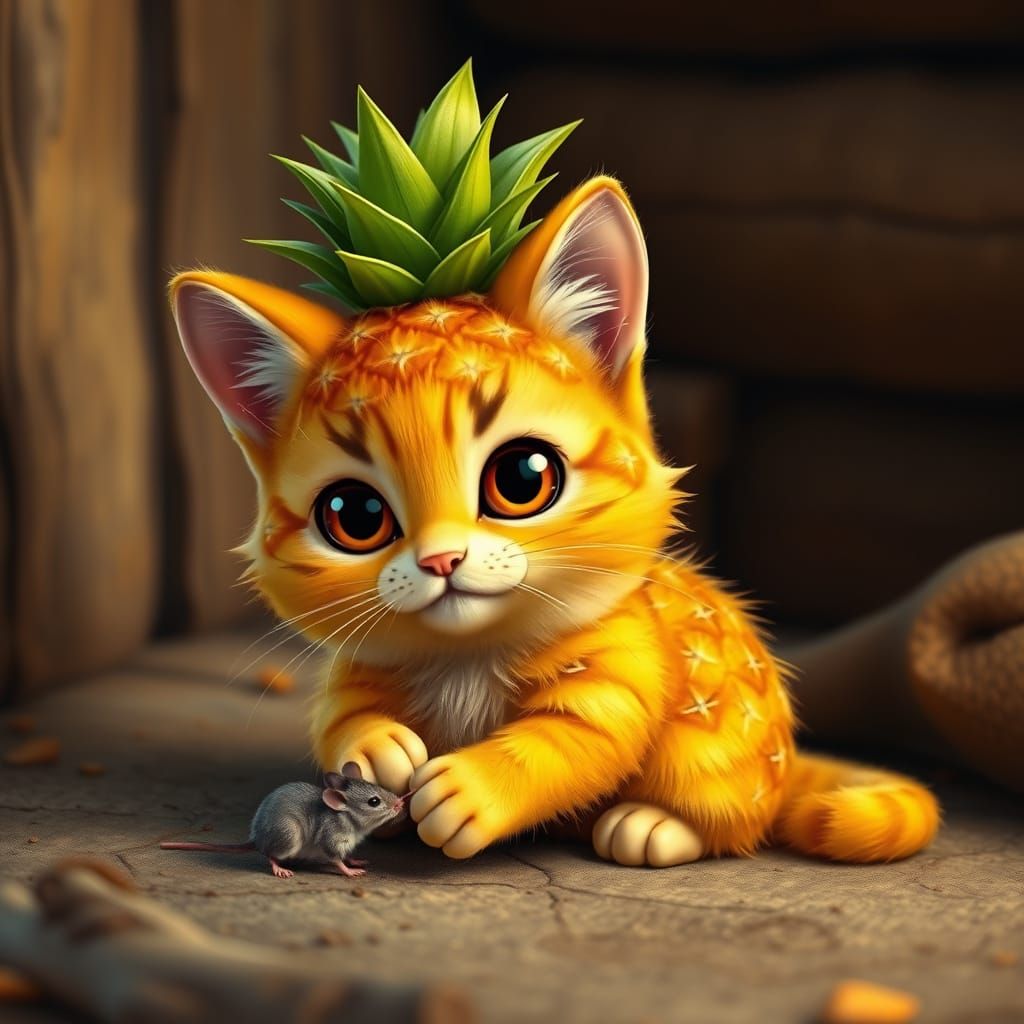 Surreal Hyper-Realistic Cat-Pineapple Hybrid Plays with Tiny...