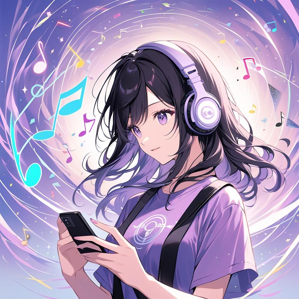 Anime Girl Listening to Music with Phone