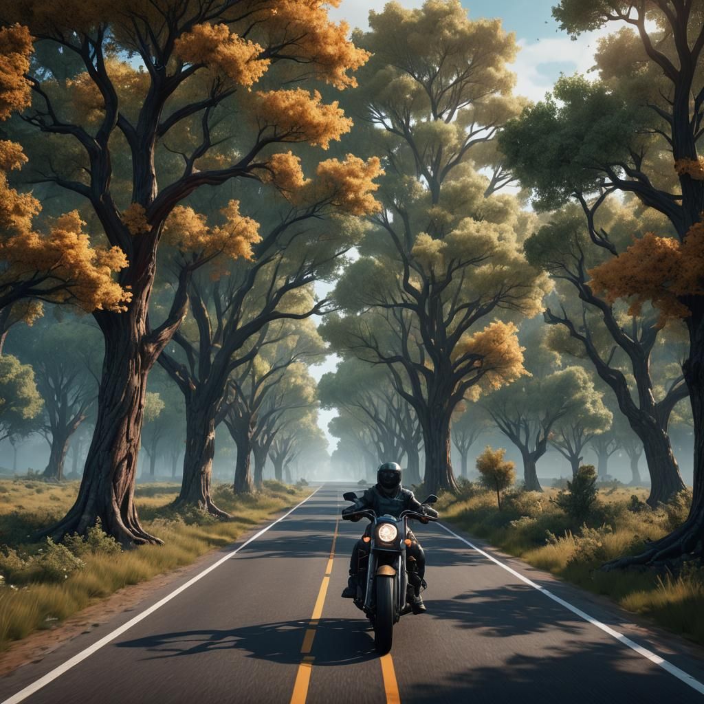 Motorcycle on Open Road: Detailed Matte Painting
