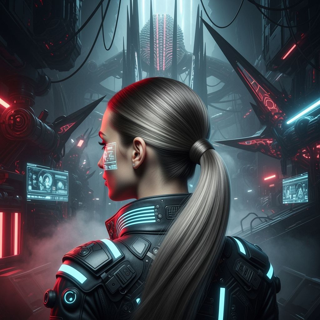 Cyberpunk Woman with Ponytail in Neon Cityscape