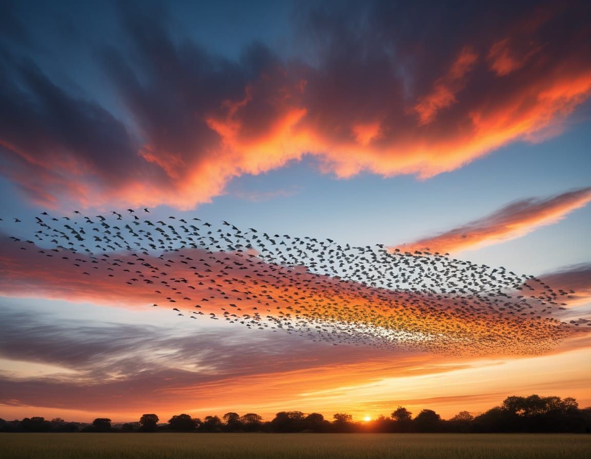 Birds in Formation Soar Across Vibrant Sunrise