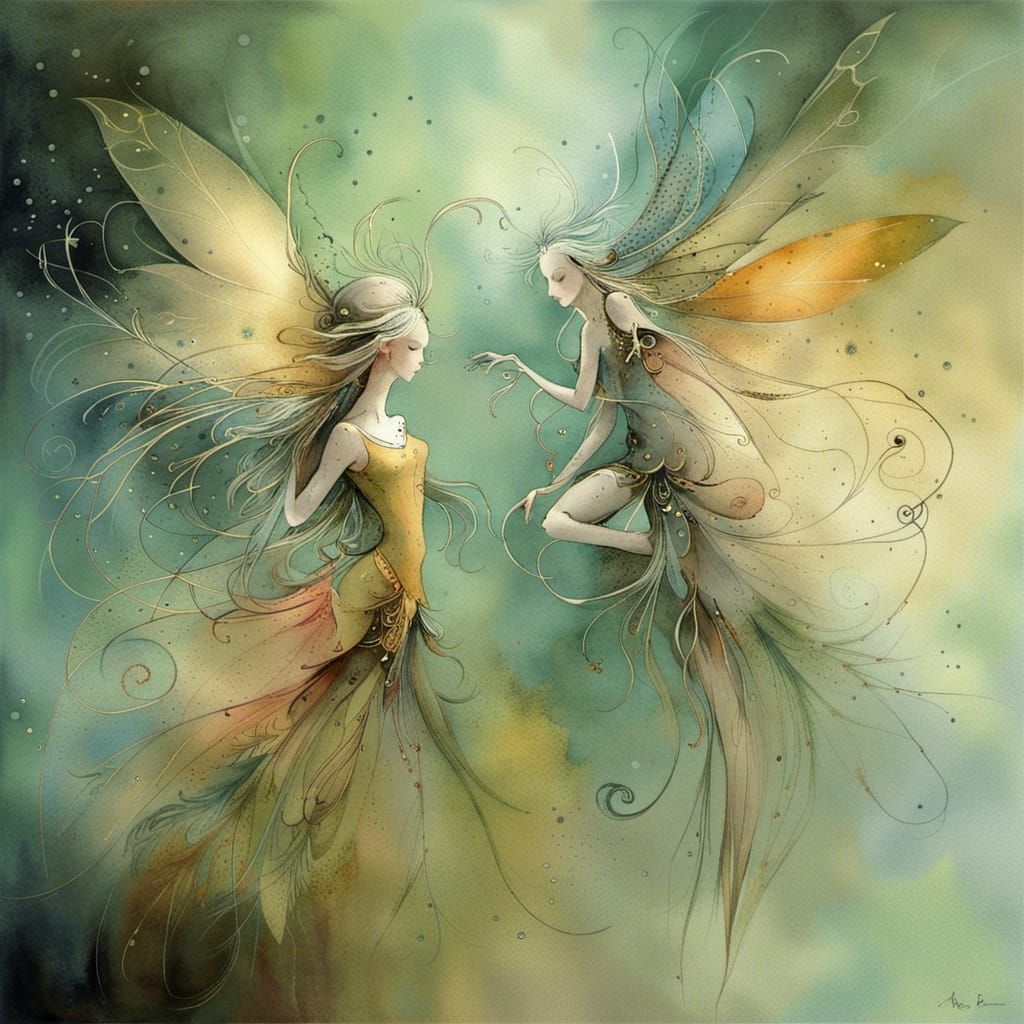 Metallic Fairies in Shadowy Watercolor Abstract Art