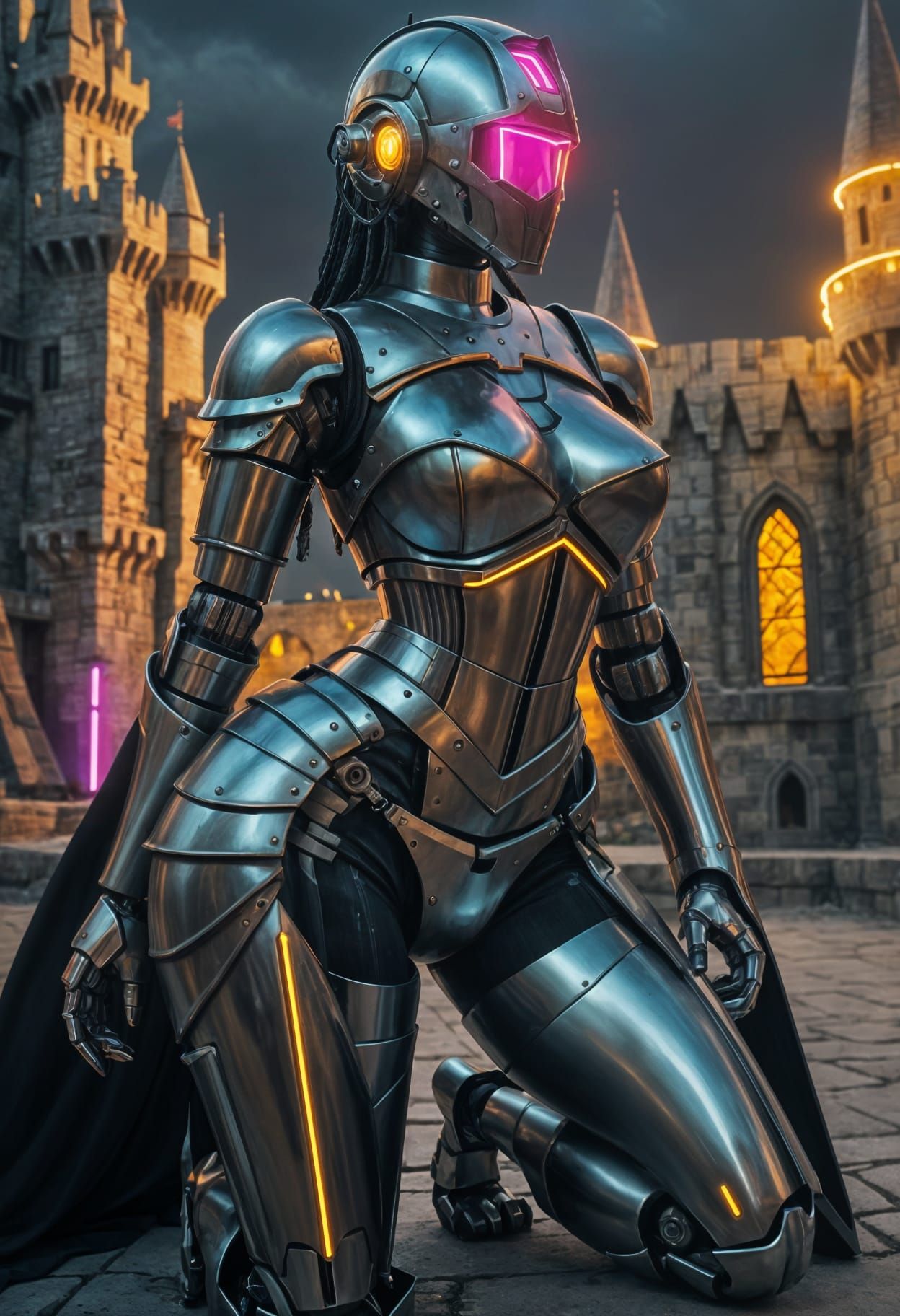 Futuristic Robot Knight in Neon-lit Kingdom
