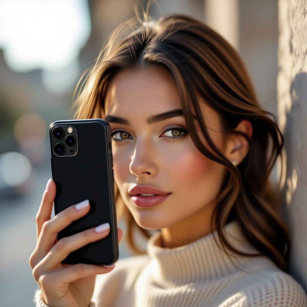 Woman's Profile Mirror Shot with Phone Obscuring Face