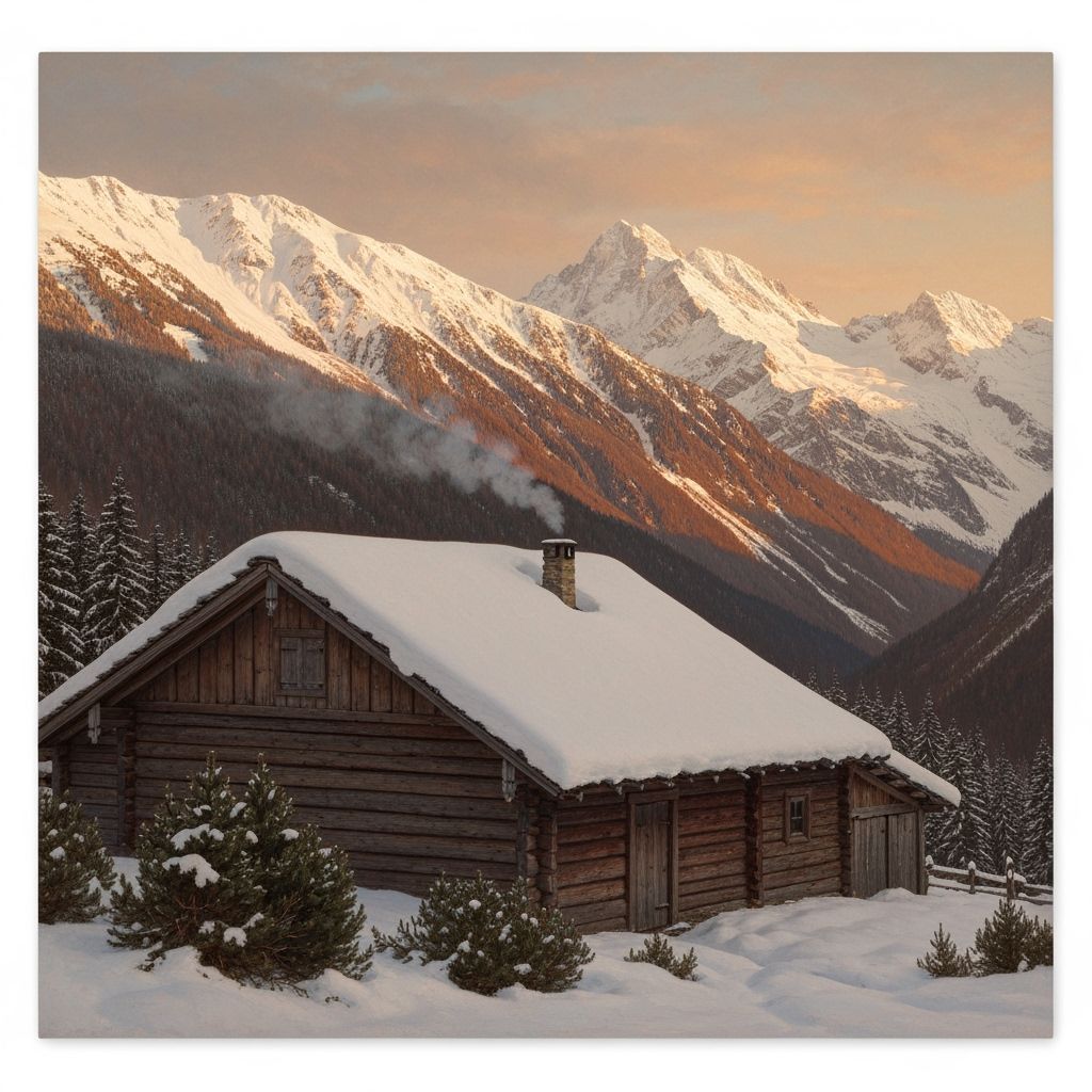 Rustic Cabin in Snowy Alps Sunset, Romantic Style