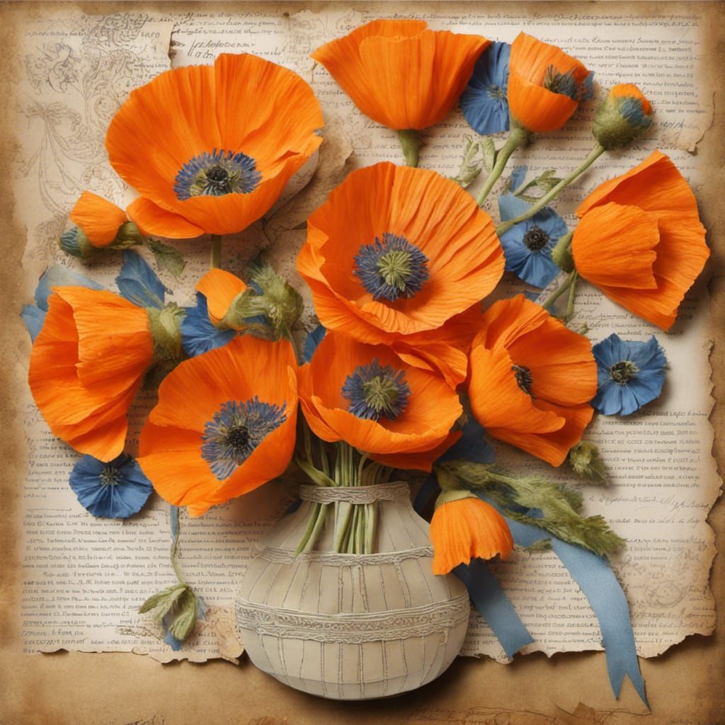 Orange Poppies Collage With Embellished Silk Ribbon