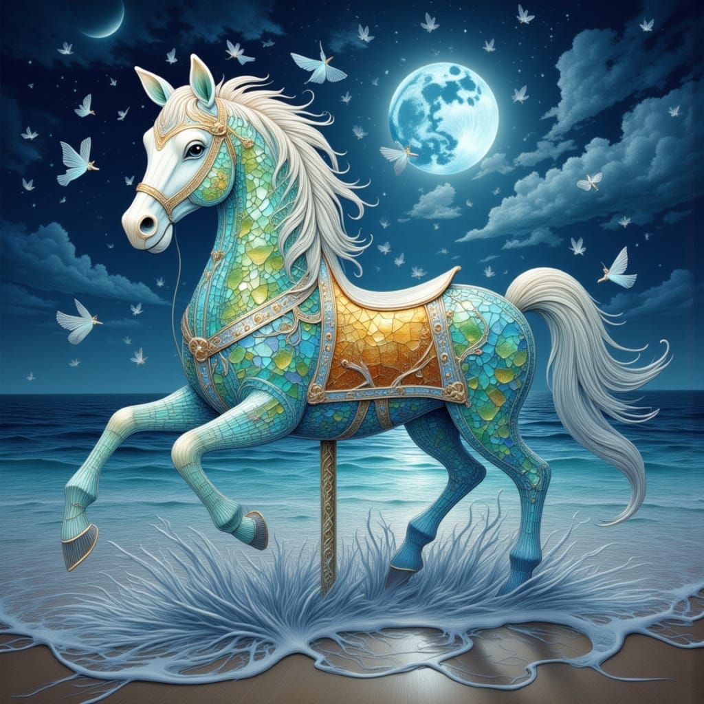 Whimsical Sea Glass Carousel Horse on Moonlit Beach