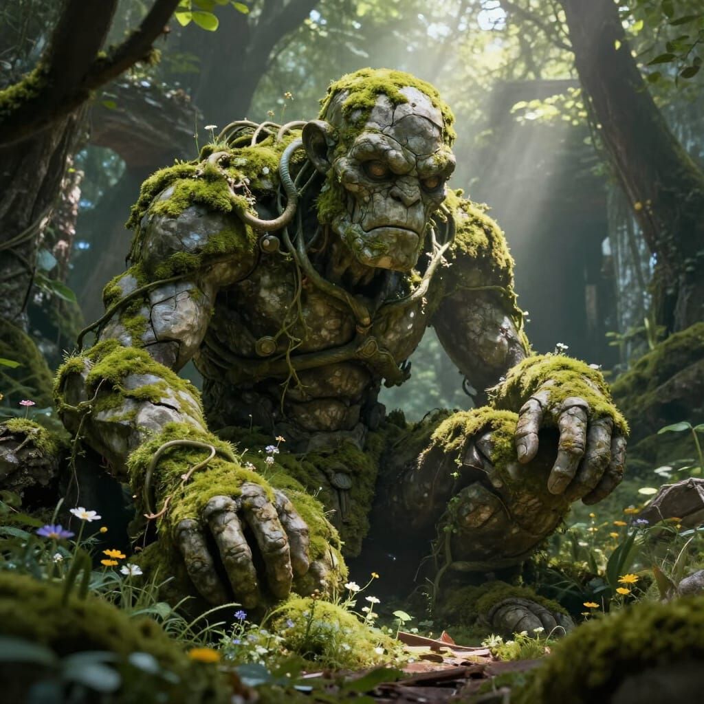 Stone Golem Awakens in Sun-Dappled Ruin