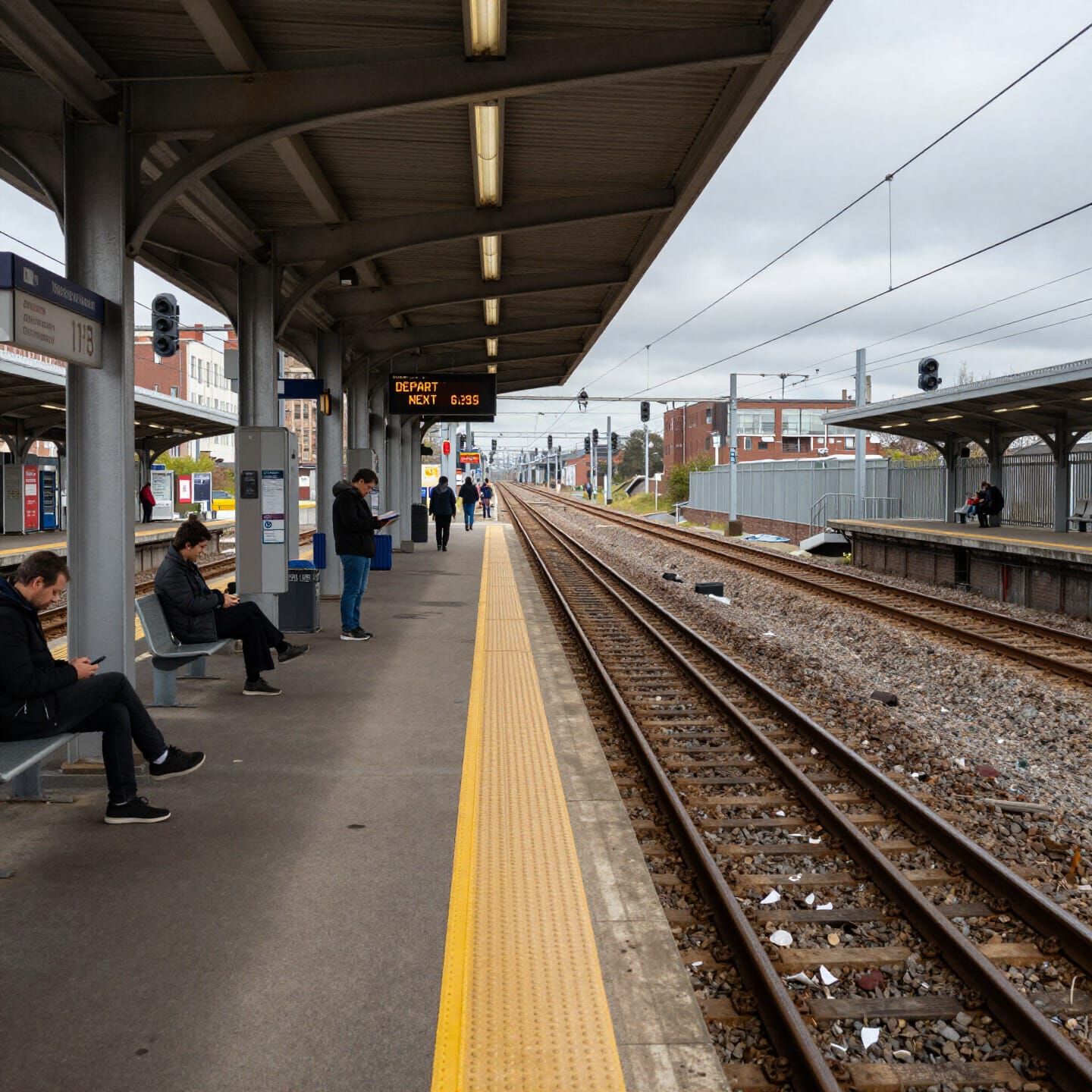 Train Platform Waiting: Urban Landscape with Architectural D...