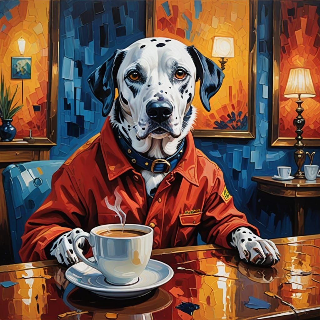Dalmatian Firefighter Enjoys Coffee in Cozy NightCafe
