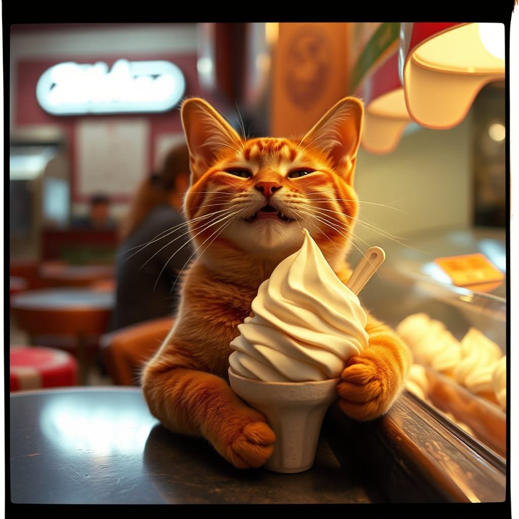Smiling Red Cat with Ice Cream Sundae