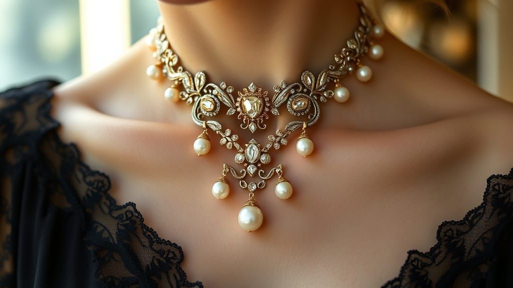 Elegant Art Nouveau Diamond and Pearl Necklace