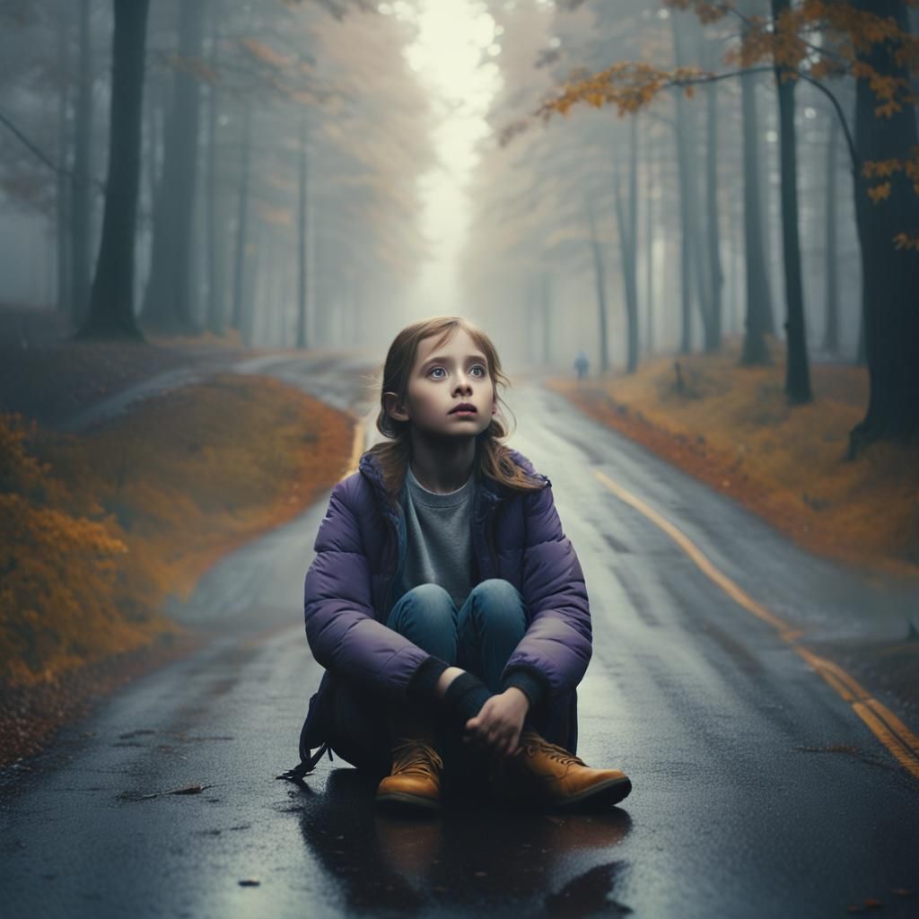 Girl Gazing Skyward in Misty Autumn Road