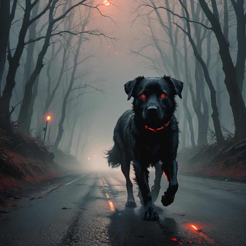 Black Dog on Foggy Road: Dark Fantasy Concept Art