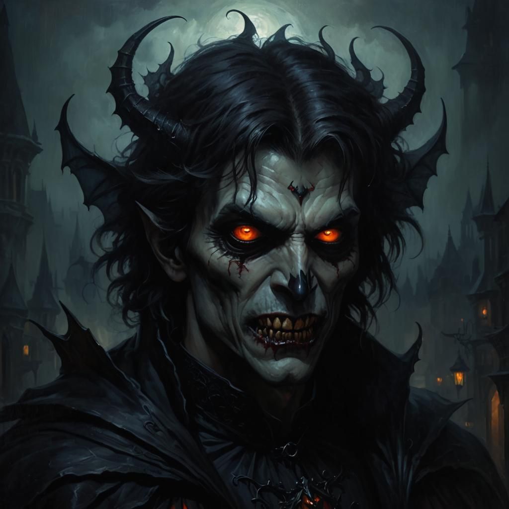 Mystical Vampire in Victorian City, as Oil Painting