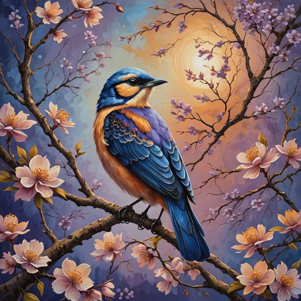 A Majestic Bird Perched on Blossom Tree Branch in Oil Painti...