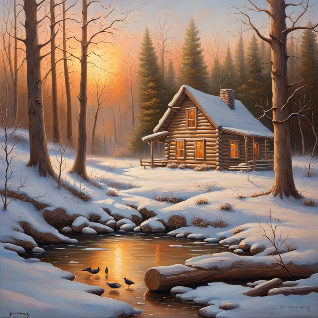 Winter Cabin Sunrise: An Oil Painting