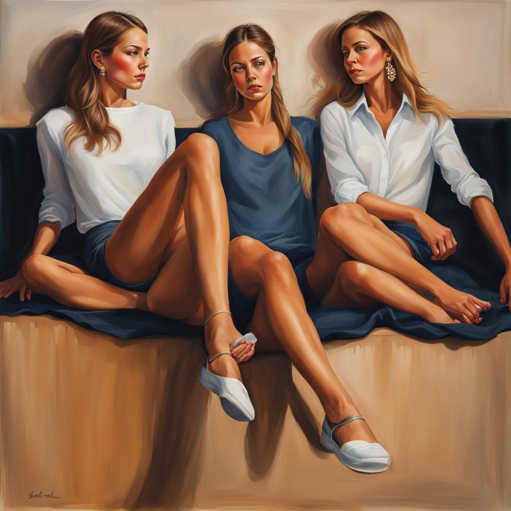Realistic Portrait of Two Women Showing Bare Feet