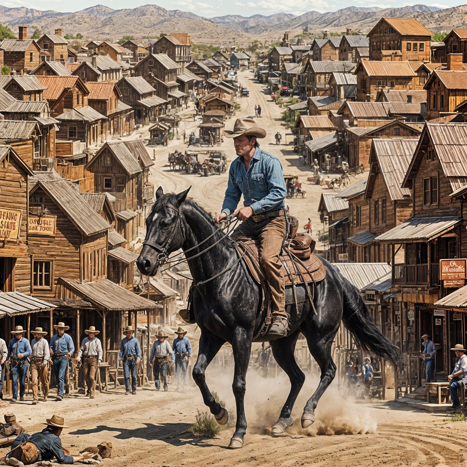 Cowboy Rides into Western Town in Americana Style